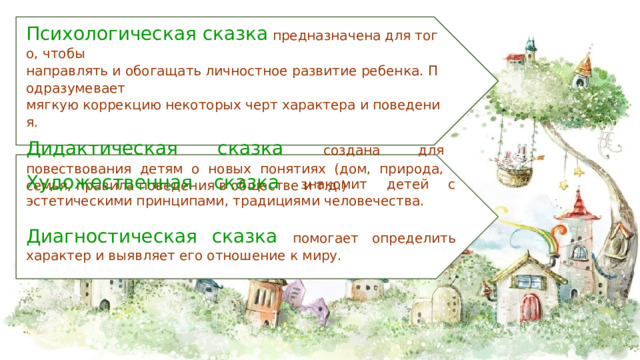 Психологическая сказка   предназначена для того, чтобы направлять и обогащать личностное развитие ребенка. Подразумевает мягкую коррекцию некоторых черт характера и поведения. Дидактическая сказка создана для повествования детям о новых понятиях (дом, природа, семья, правила поведения в обществе и т.д.) Художественная сказка знакомит детей с эстетическими принципами, традициями человечества. Диагностическая сказка помогает определить характер и выявляет его отношение к миру. 