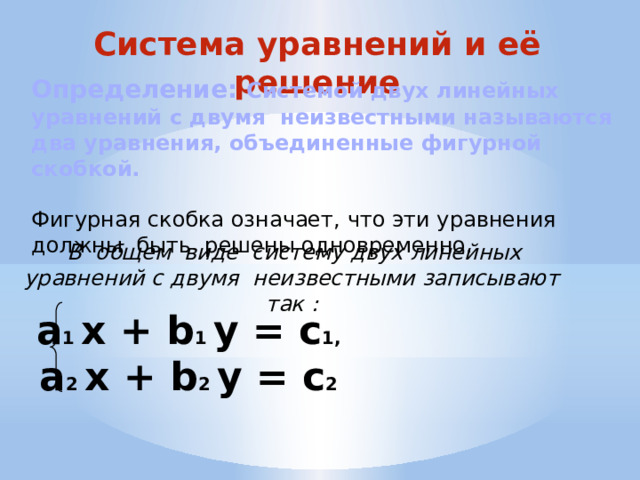 Система уравнений и её решение Определение: Системой двух линейных уравнений с двумя неизвестными называются два уравнения, объединенные фигурной скобкой.  Фигурная скобка означает, что эти уравнения должны быть решены одновременно.  В общем виде систему двух линейных уравнений с двумя неизвестными записывают так : а 1 х + b 1 y = c 1, а 2 х + b 2 y = c 2 