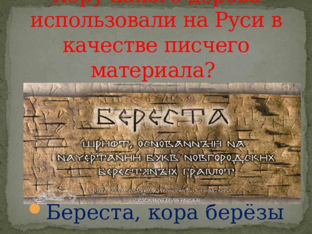 Кору какого дерева использовали на Руси в качестве писчего материала? Береста, кора берёзы 