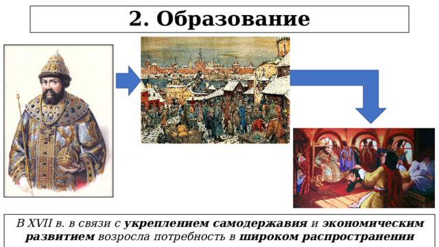 2. Образование В XVII в. в связи с укреплением самодержавия и экономическим развитием возросла потребность в широком распространении грамотности и просвещения .  