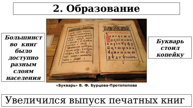 2. Образование Большинство книг было доступно разным слоям населения Букварь стоил копейку «Букварь» В. Ф. Бурцова-Протопопова Увеличился выпуск печатных книг  