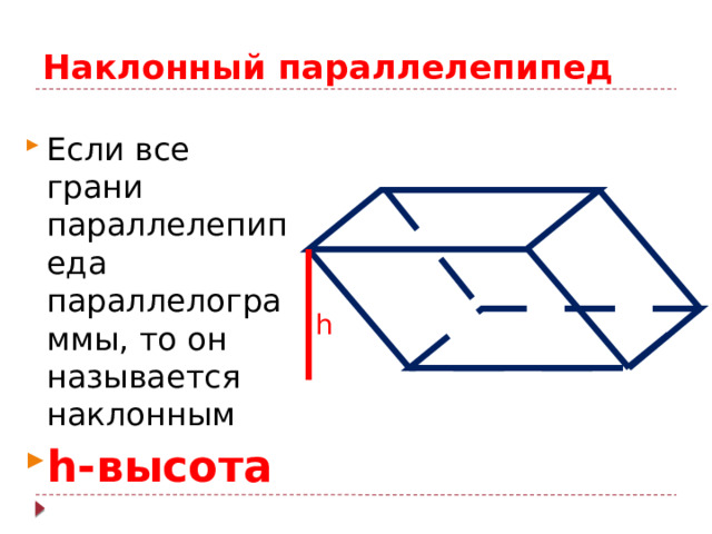 Наклонный параллелепипед Если все грани параллелепипеда параллелограммы, то он называется наклонным h-высота h 