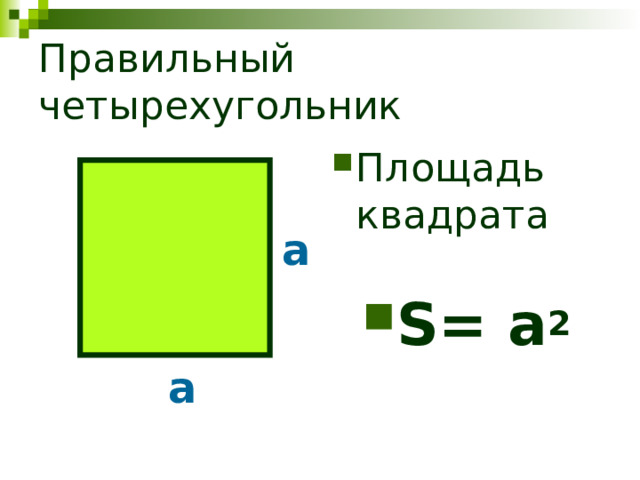 Правильный четырехугольник Площадь квадрата  S= a 2 а а 