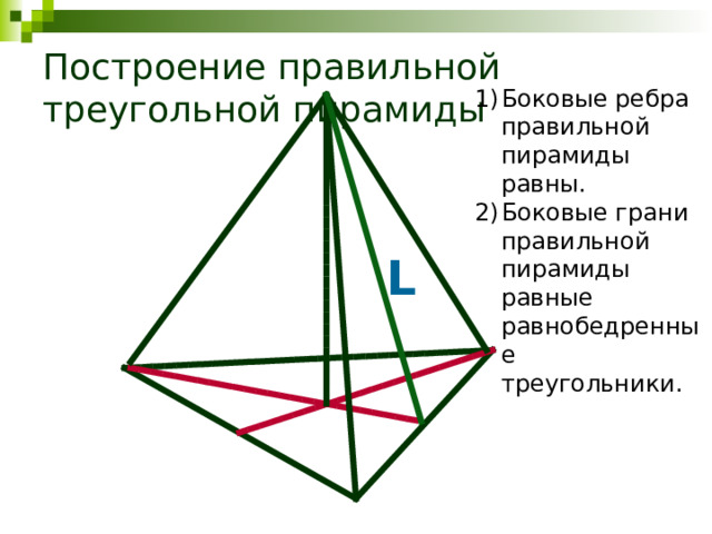 Построение правильной треугольной пирамиды Боковые ребра правильной пирамиды равны. Боковые грани правильной пирамиды равные равнобедренные треугольники. L 