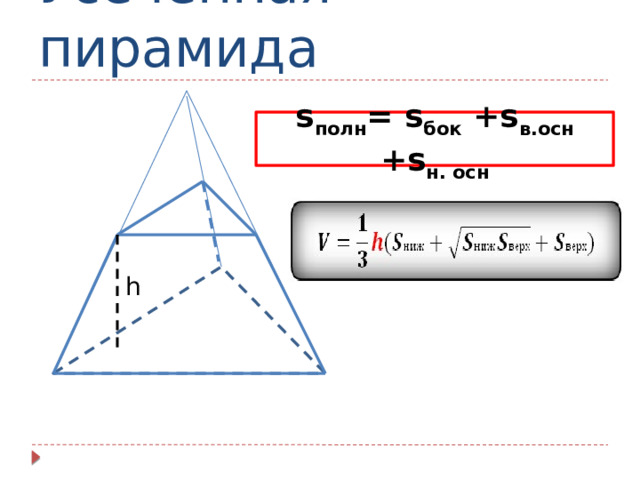 Усеченная пирамида s полн = s бок +s в.осн +s н. осн h 