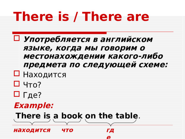 There is / There are Употребляется в английском языке, когда мы говорим о местонахождении какого-либо предмета по следующей схеме: Находится Что? Где? Example:  There is a book on the table . находится что где 