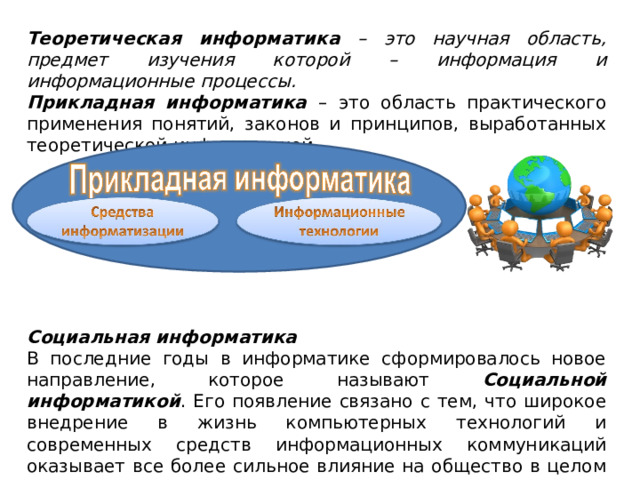 Теоретическая информатика – это научная область, предмет изучения которой – информация и информационные процессы. Прикладная информатика – это область практического применения понятий, законов и принципов, выработанных теоретической информатикой. Социальная информатика В последние годы в информатике сформировалось новое направление, которое называют Социальной информатикой . Его появление связано с тем, что широкое внедрение в жизнь компьютерных технологий и современных средств информационных коммуникаций оказывает все более сильное влияние на общество в целом и на каждого отдельного человека. 