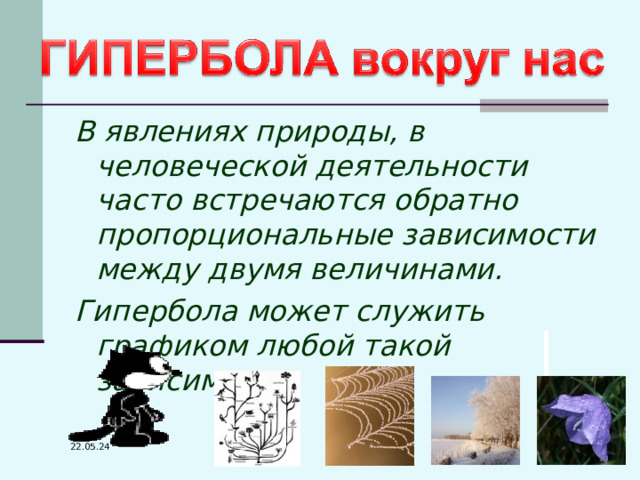 В явлениях природы, в человеческой деятельности часто встречаются обратно пропорциональные зависимости между двумя величинами. Гипербола может служить графиком любой такой зависимости.   22.05.24 