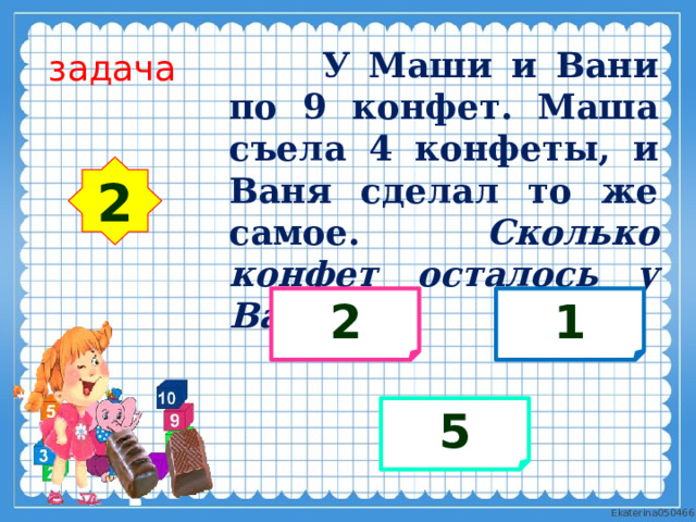  У Маши и Вани по 9 конфет. Маша съела 4 конфеты, и Ваня сделал то же самое. Сколько конфет осталось у Вани? задача 2 2 1 5 