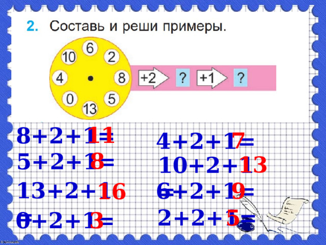 11 8+2+1= 7 4+2+1= 8 5+2+1= 13 10+2+1= 13+2+1= 9 6+2+1= 16 5 2+2+1= 3 0+2+1= 