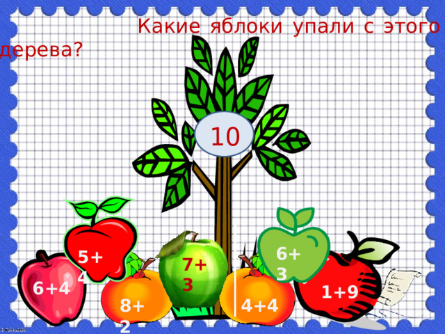  Какие яблоки упали с этого дерева? 10 6+3 5+4 7+3 6+4 1+9 4+4 8+2 