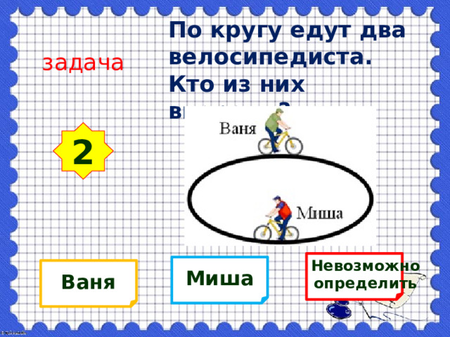 По кругу едут два велосипедиста. Кто из них впереди? задача 2 Невозможно определить Миша Ваня 
