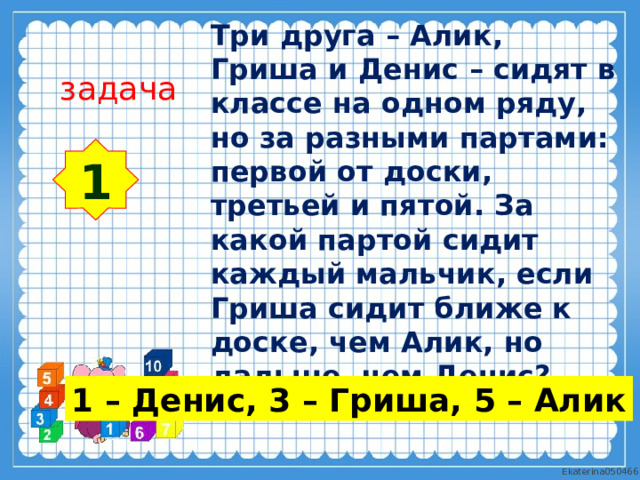 Три друга – Алик, Гриша и Денис – сидят в классе на одном ряду, но за разными партами: первой от доски, третьей и пятой. За какой партой сидит каждый мальчик, если Гриша сидит ближе к доске, чем Алик, но дальше, чем Денис? задача 1 1 – Денис, 3 – Гриша, 5 – Алик 