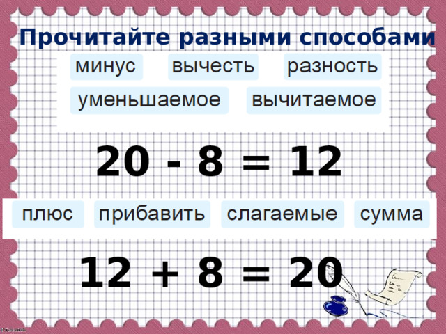 Прочитайте разными способами 20 - 8 = 12 12 + 8 = 20 