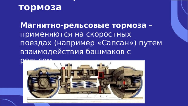 Магнитно-рельсовые тормоза Магнитно-рельсовые тормоза – применяются на скоростных поездах (например «Сапсан») путем взаимодействия башмаков с рельсом. 