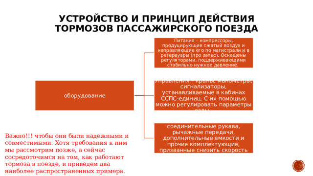 Устройство и принцип действия тормозов пассажирского поезда   Питания – компрессоры, продуцирующие сжатый воздух и направляющие его по магистрали и в резервуары (про запас). Оснащены регуляторами, поддерживающими стабильно нужное давление.  оборудование Управления – краны, манометры, сигнализаторы, устанавливаемые в кабинах ССПС-единиц. С их помощью можно регулировать параметры езды.  Замедления – воздухопроводы, соединительные рукава, рычажные передачи, дополнительные емкости и прочие комплектующие, призванные снизить скорость перемещения ТС.  Важно!!! чтобы они были надежными и совместимыми. Хотя требования к ним мы рассмотрим позже, а сейчас сосредоточимся на том, как работают тормоза в поезде, и приведем два наиболее распространенных примера. 