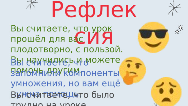 Рефлексия Вы считаете, что урок прошёл для вас плодотворно, с пользой. Вы научились и можете помочь другим. Вы считаете, что запомнили компоненты умножения, но вам ещё нужна помощь. Вы считаете, что было трудно на уроке. 