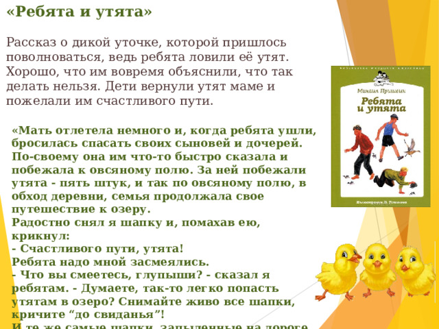 «Ребята и утята» Рассказ о дикой уточке, которой пришлось поволноваться, ведь ребята ловили её утят. Хорошо, что им вовремя объяснили, что так делать нельзя. Дети вернули утят маме и пожелали им счастливого пути. «Мать отлетела немного и, когда ребята ушли, бросилась спасать своих сыновей и дочерей. По-своему она им что-то быстро сказала и побежала к овсяному полю. За ней побежали утята - пять штук, и так по овсяному полю, в обход деревни, семья продолжала свое путешествие к озеру. Радостно снял я шапку и, помахав ею, крикнул: - Счастливого пути, утята! Ребята надо мной засмеялись. - Что вы смеетесь, глупыши? - сказал я ребятам. - Думаете, так-то легко попасть утятам в озеро? Снимайте живо все шапки, кричите “до свиданья”! И те же самые шапки, запыленные на дороге при ловле утят, поднялись в воздух, все разом закричали ребята: - До свиданья, утята!» 