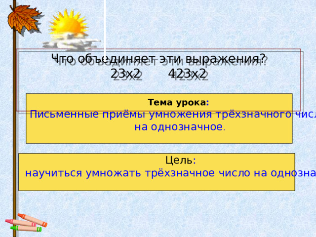 Что объединяет эти выражения?  23x2 423x2     Тема урока :  Письменные приёмы умножения трёхзначного числа на однозначное .    Цель :  научиться умножать трёхзначное число на однозначное 