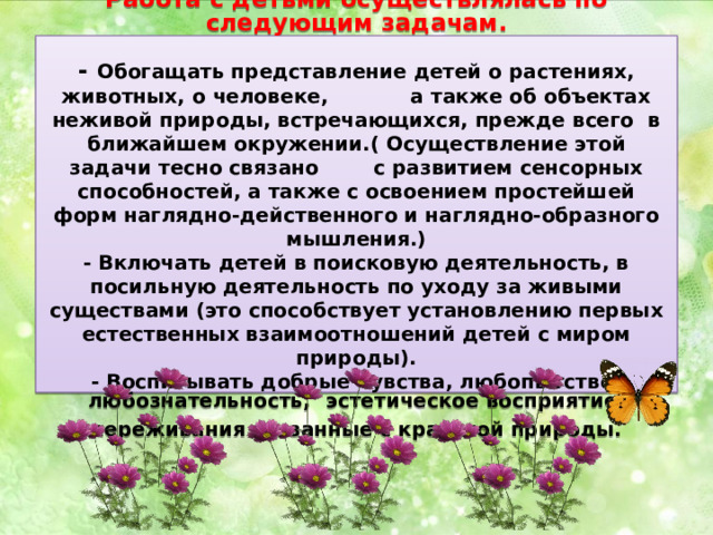  Работа с детьми осуществлялась по следующим задачам.   - Обогащать представление детей о растениях, животных, о человеке, а также об объектах неживой природы, встречающихся, прежде всего в ближайшем окружении.( Осуществление этой задачи тесно связано с развитием сенсорных способностей, а также с освоением простейшей форм наглядно-действенного и наглядно-образного мышления.)  - Включать детей в поисковую деятельность, в посильную деятельность по уходу за живыми существами (это способствует установлению первых естественных взаимоотношений детей с миром природы).  - Воспитывать добрые чувства, любопытство, любознательность,  эстетическое восприятие, переживания связанные с красотой природы.   