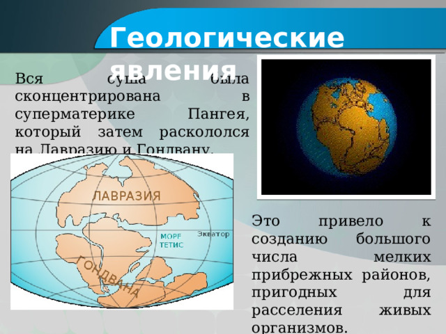 Геологические явления Вся суша была сконцентрирована в суперматерике Пангея, который затем раскололся на Лавразию и Гондвану. Это привело к созданию большого числа мелких прибрежных районов, пригодных для расселения живых организмов. 