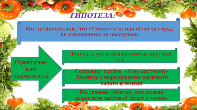 ГИПОТЕЗА: Мы предположили, что «Умная» теплица облегчит труд по ухаживанию за посадками Практическая значимость Получать урожай и витамины круглый год Создадим лэпбук «Мир растений» Памятку о выращивании листового салата и зелени Расскажем ребятам, как можно вырастить листовой салат и зелень 