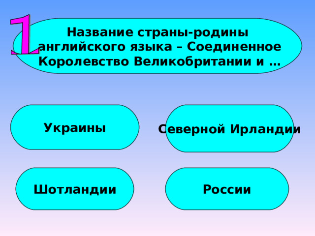 Название страны-родины  английского языка – Соединенное  Королевство Великобритании и … Украины Северной Ирландии Шотландии России 