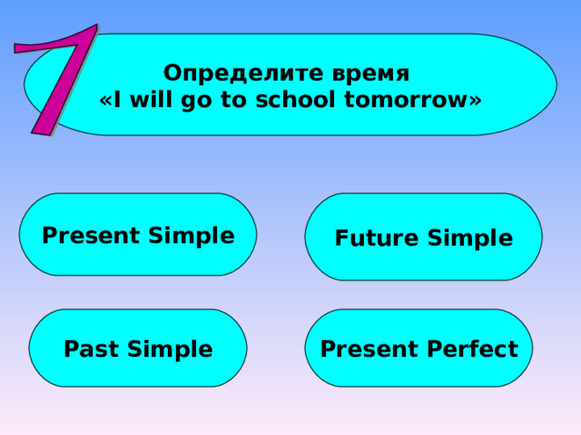 Определите время « I will go to school tomorrow » Present Simple Future Simple Past Simple Present Perfect 