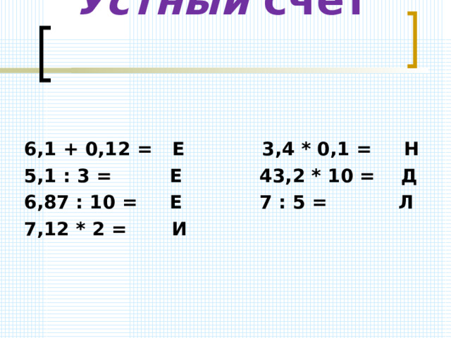 Устный счет    6,1 + 0,12 =  Е 3,4 * 0,1 = Н 5,1 : 3 = Е 43,2 * 10 = Д 6,87 : 10 = Е 7 : 5 = Л 7,12 * 2 = И 