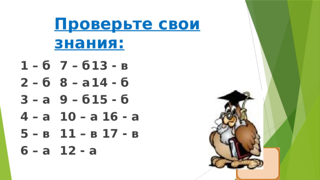 Проверьте свои знания: 1 – б  7 – б  13 - в 2 – б  8 – а  14 - б 3 – а  9 – б  15 - б 4 – а  10 – а  16 - а 5 – в  11 – в  17 - в 6 – а  12 - а 