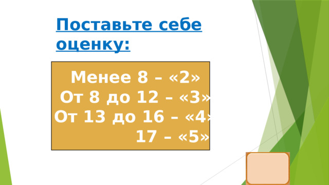 Поставьте себе оценку: Менее 8 – «2» От 8 до 12 – «3» От 13 до 16 – «4»  17 – «5» 