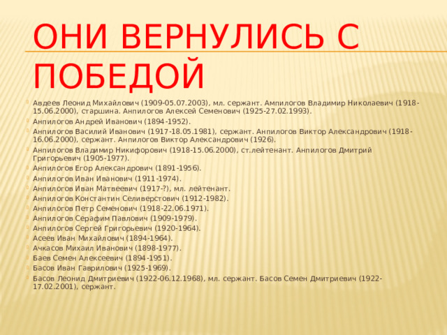  Они вернулись с победой Авдеев Леонид Михайлович (1909-05.07.2003), мл. сержант. Ампилогов Владимир Николаевич (1918-15.06.2000), старшина. Анпилогов Алексей Семенович (1925-27.02.1993). Анпилогов Андрей Иванович (1894-1952). Анпилогов Василий Иванович (1917-18.05.1981), сержант. Анпилогов Виктор Александрович (1918-16.06.2000), сержант. Анпилогов Виктор Александрович (1926). Анпилогов Владимир Никифорович (1918-15.06.2000), ст.лейтенант. Анпилогов Дмитрий Григорьевич (1905-1977). Анпилогов Егор Александрович (1891-1956). Анпилогов Иван Иванович (1911-1974). Анпилогов Иван Матвеевич (1917-?), мл. лейтенант. Анпилогов Константин Селиверстович (1912-1982). Анпилогов Петр Семенович (1918-22.06.1971). Анпилогов Серафим Павлович (1909-1979). Анпилогов Сергей Григорьевич (1920-1964). Асеев Иван Михайлович (1894-1964). Ачкасов Михаил Иванович (1898-1977). Баев Семен Алексеевич (1894-1951). Басов Иван Гаврилович (1925-1969). Басов Леонид Дмитриевич (1922-06.12.1968), мл. сержант. Басов Семен Дмитриевич (1922-17.02.2001), сержант. 