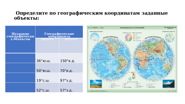    Определите по географическим координатам заданные объекты:   Название географических объектов Географические координаты широта   долгота 36°ю.ш.       50°ю.ш. 150°в.д.   19°с.ш.     70°в.д. 97°з.д. 52°с.ш.   57°з.д. 