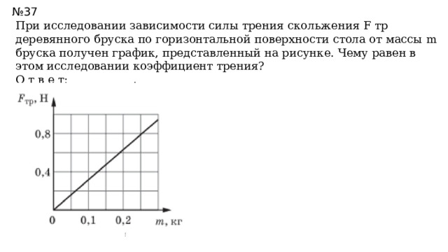 № 37 При исследовании зависимости силы трения скольжения F тр деревянного бруска по горизонтальной поверхности стола от массы m бруска получен график, представленный на рисунке. Чему равен в этом исследовании коэффициент трения? О т в е т: ___________. 0,32 