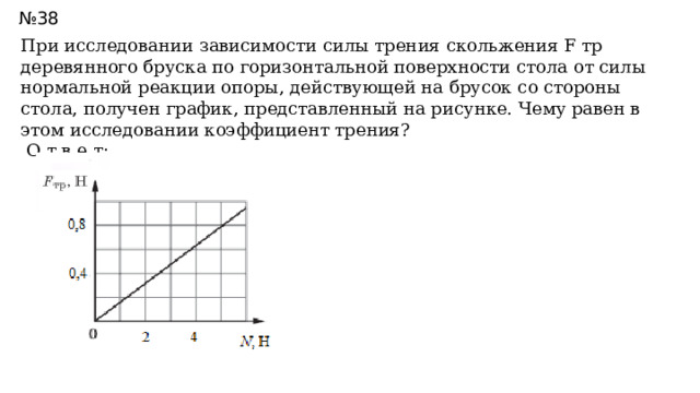 № 38 При исследовании зависимости силы трения скольжения F тр деревянного бруска по горизонтальной поверхности стола от силы нормальной реакции опоры, действующей на брусок со стороны стола, получен график, представленный на рисунке. Чему равен в этом исследовании коэффициент трения?  О т в е т: ___________. 0,16 