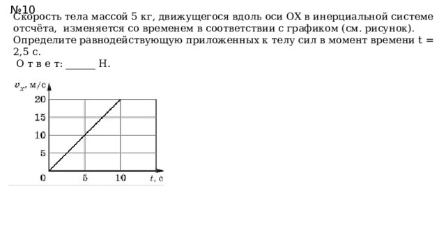 № 10 Скорость тела массой 5 кг, движущегося вдоль оси ОХ в инерциальной системе отсчёта, изменяется со временем в соответствии с графиком (см. рисунок). Определите равнодействующую приложенных к телу сил в момент времени t = 2,5 с.  О т в е т: ______ Н. 10 