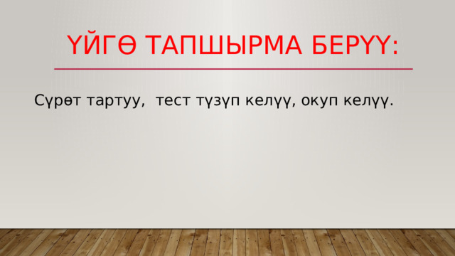 Үйгө тапшырма берүү: Сүрөт тартуу, тест түзүп келүү, окуп келүү. 