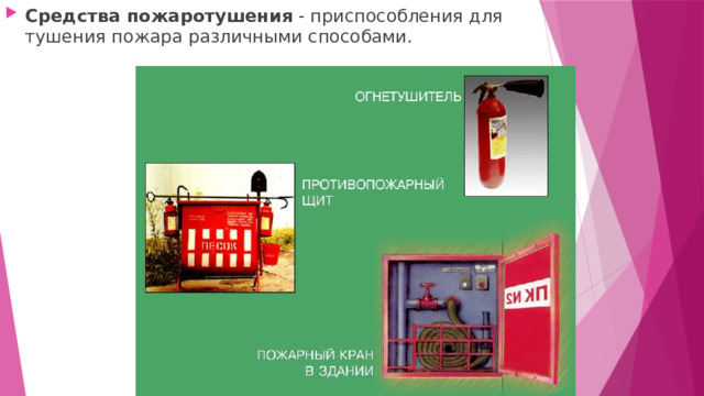 Средства пожаротушения - приспособления для тушения пожара различными способами. 