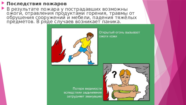 Последствия пожаров В результате пожара у пострадавших возможны ожоги, отравления продуктами горения, травмы от обрушения сооружений и мебели, падения тяжёлых предметов. В ряде случаев возникает паника. 