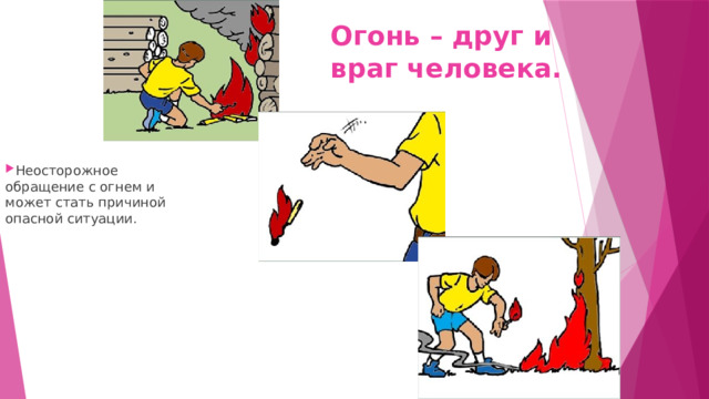 Огонь – друг и враг человека. Неосторожное обращение с огнем и может стать причиной опасной ситуации. 