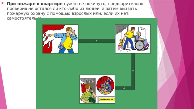 При пожаре в квартире нужно её покинуть, предварительно проверив не остался ли кто-либо из людей, а затем вызвать пожарную охрану с помощью взрослых или, если их нет, самостоятельно. 