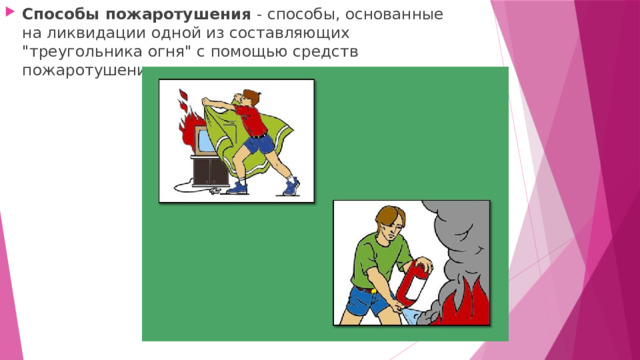 Способы пожаротушения - способы, основанные на ликвидации одной из составляющих 