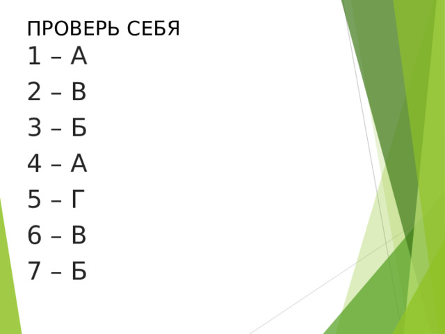 ПРОВЕРЬ СЕБЯ 1 – А 2 – В 3 – Б 4 – А 5 – Г 6 – В 7 – Б 