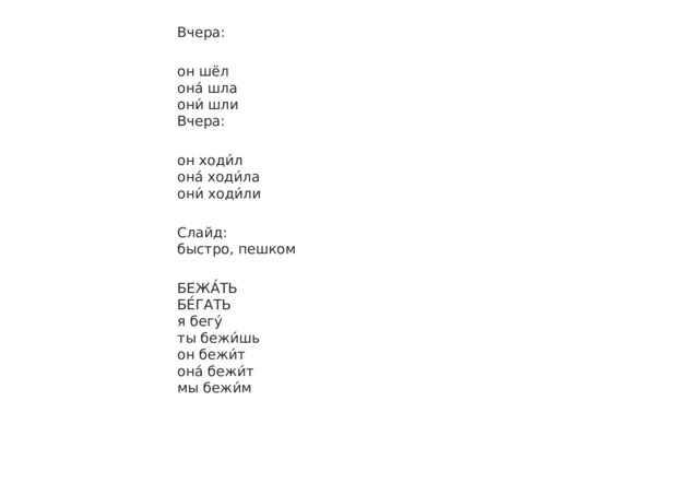 Вчера: он шёл она́ шла они́ шли Вчера: он ходи́л она́ ходи́ла они́ ходи́ли Слайд: быстро, пешком БЕЖА́ТЬ БЕ́ГАТЬ я бегу́ ты бежи́шь он бежи́т она́ бежи́т мы бежи́м 