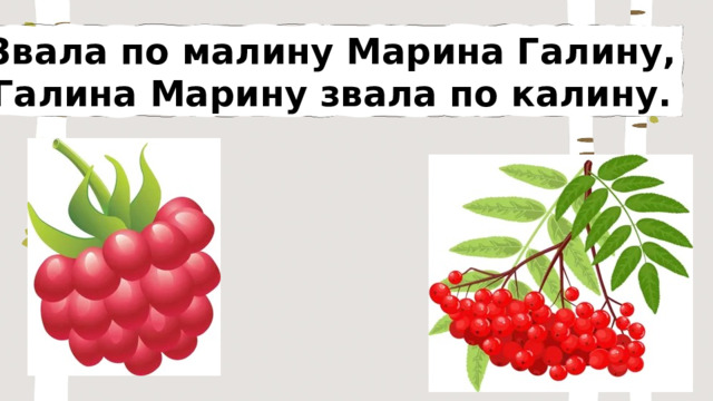 Звала по малину Марина Галину, Галина Марину звала по калину. 