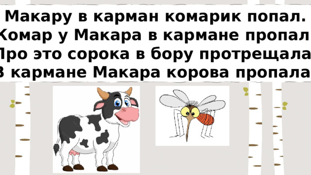 Макару в карман комарик попал. Комар у Макара в кармане пропал. Про это сорока в бору протрещала: 