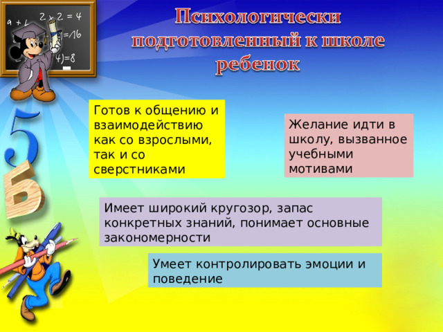 Готов к общению и взаимодействию как со взрослыми, так и со сверстниками Желание идти в школу, вызванное учебными мотивами Имеет широкий кругозор, запас конкретных знаний, понимает основные закономерности Умеет контролировать эмоции и поведение 