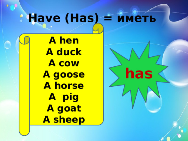 Have (Has) = иметь A hen A duck A cow A goose A horse A pig A goat A sheep has  
