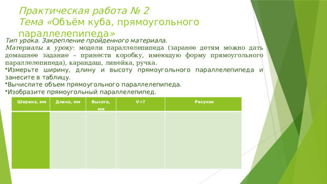 Практическая работа № 2  Тема « Объём куба, прямоугольного параллелепипеда »   Тип урока. Закрепление пройденного материала. Материалы к уроку : модели параллелепипеда (заранее детям можно дать домашнее задание – принести коробку, имеющую форму прямоугольного параллелепипеда), карандаш, линейка, ручка. Измерьте ширину, длину и высоту прямоугольного параллелепипеда и занесите в таблицу. Вычислите объем прямоугольного параллелепипеда. Изобразите прямоугольный параллелепипед. Ширина, мм   Длина, мм   Высота, мм   V=?         Рисунок           