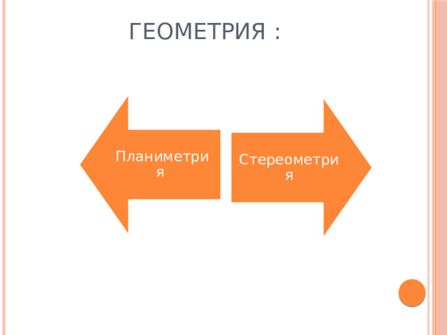 Планиметрия Стереометрия  геометрия : 